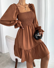 Square Neck Long Sleeve Shirred Ruffle Hem Dresses High Waist A Line Knee Length Elegant Mini Dress