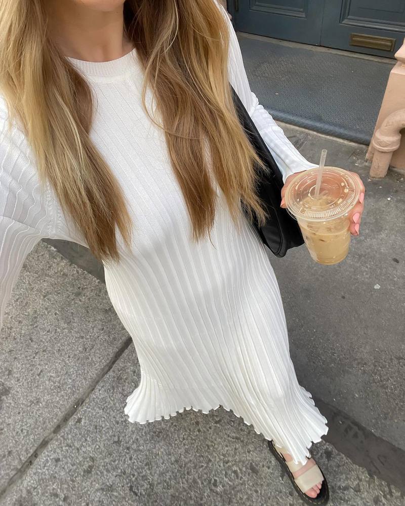 Long Sleeve Dress Crew-Neck Knit Maxi Dress Ribbed Elegant Long High Waist Pleated Dresses