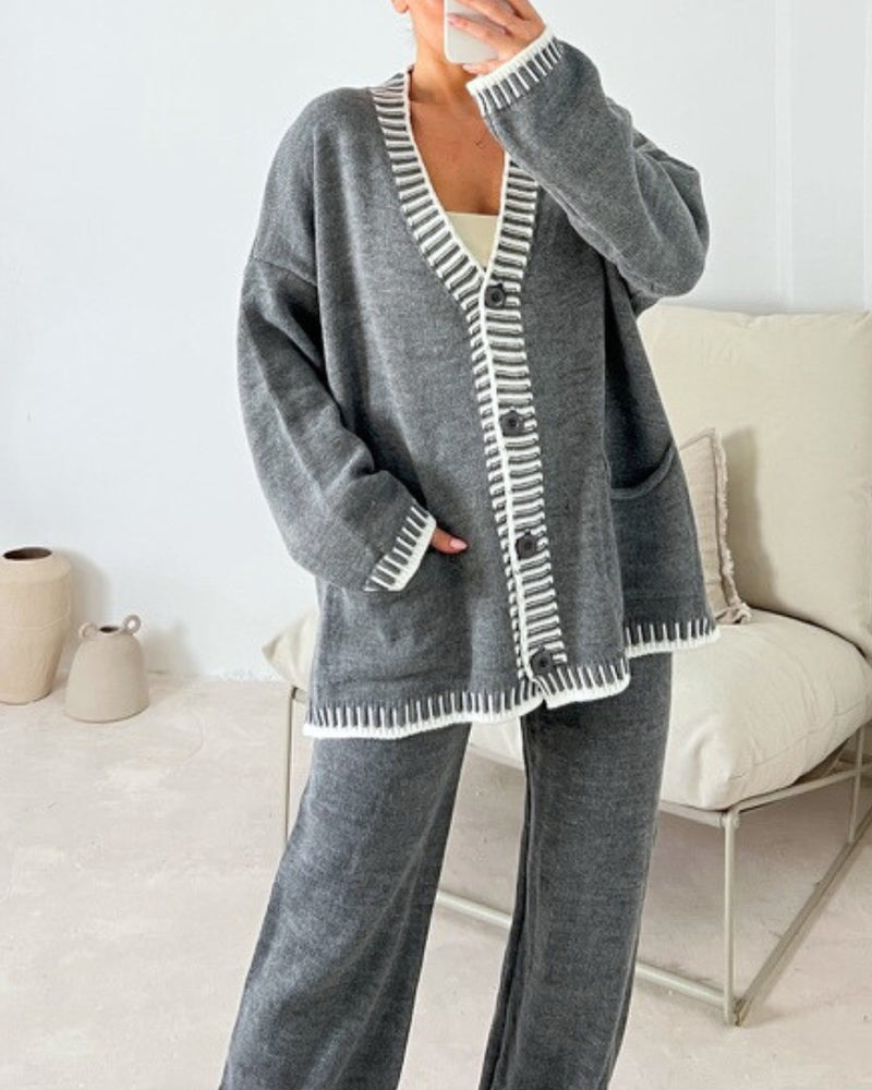 Casual Two-pieces Outfits Contrast Trim Knitted Cardigan and Trousers Pants Sets