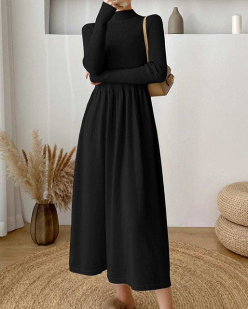Long-Sleeve High Neck Plain Ribbed Midi A-Line Knit Dress