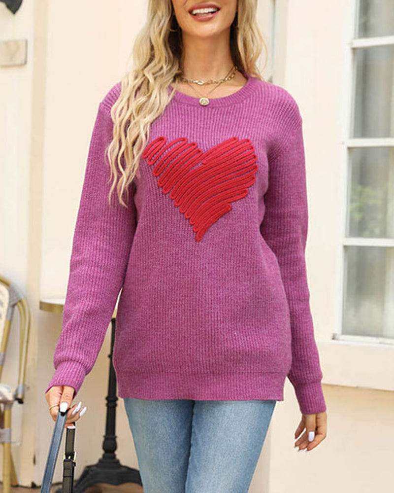 Casual Heart Round Neck Pullovers Long Sleeve Sweaters