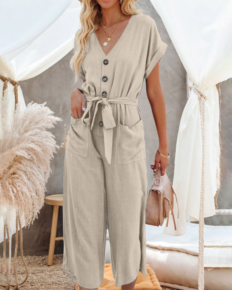 Casual Playsuits Wide Leg Short Sleeves V Neck Buttoned Baggy Belt Jumpsuits Elegant Long Romper with Pockets