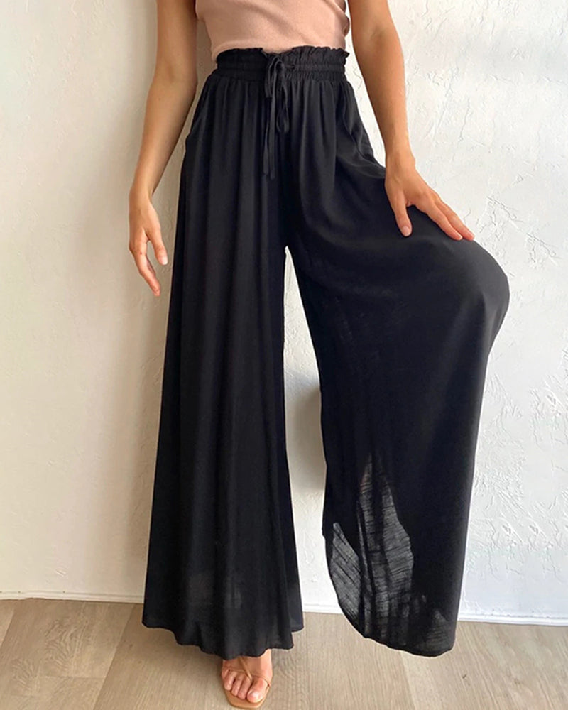 Wide Leg Flowy Pants Summer Boho Elastic Waist Drawstring Palazzo Trousers