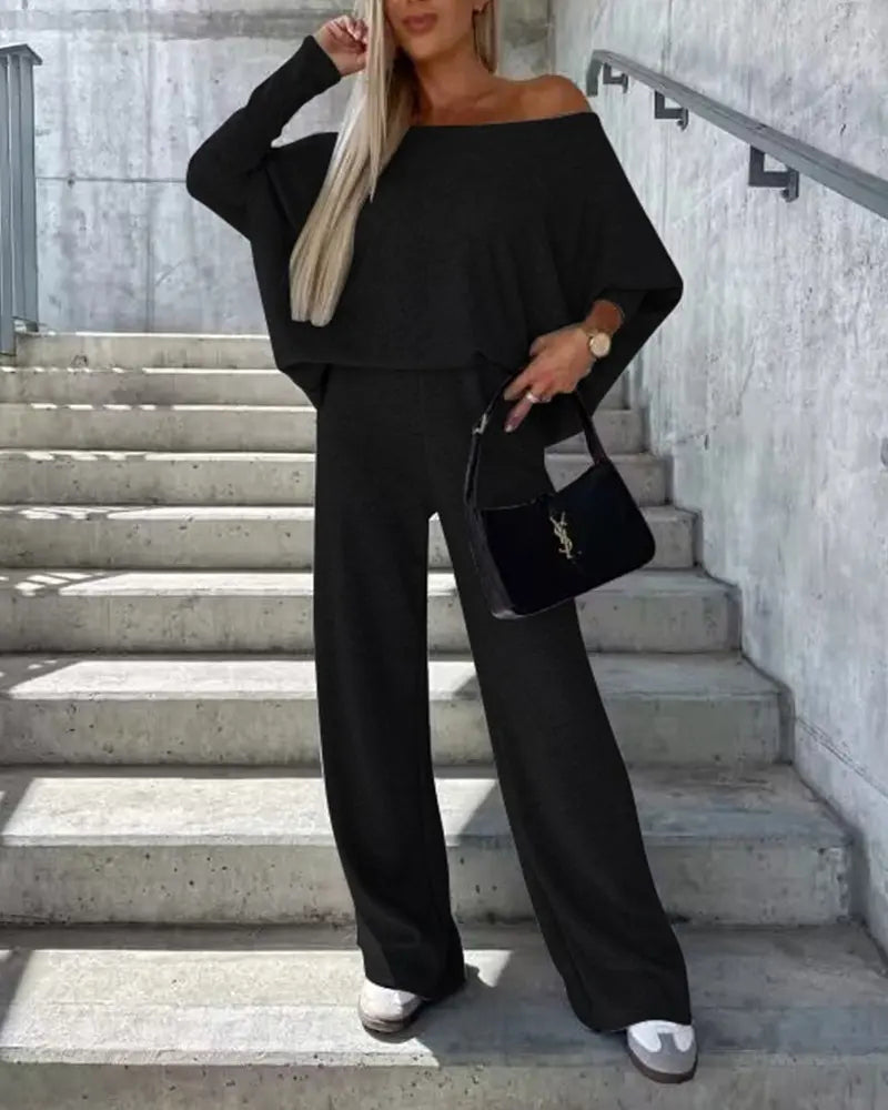 Solid Color Two Pieces Sets Off-shoulder Bat Sleeve Top Casual Wide Leg Pants Suit