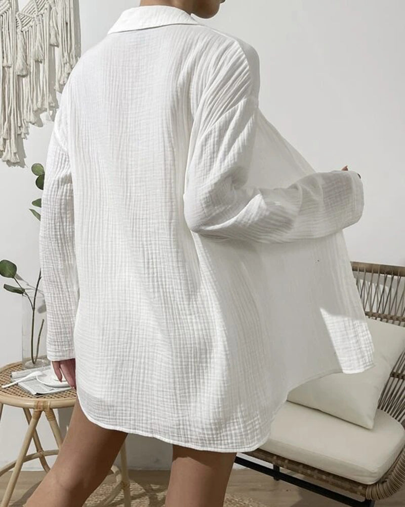 Shorts Set Cotton Pajamas Turn-Down Collar Long Sleeve Tops Suits