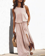 Crewneck Sleeveless Split Maxi Dress Casual Loose Sundress Long Flowy Beach Dress with Pockets