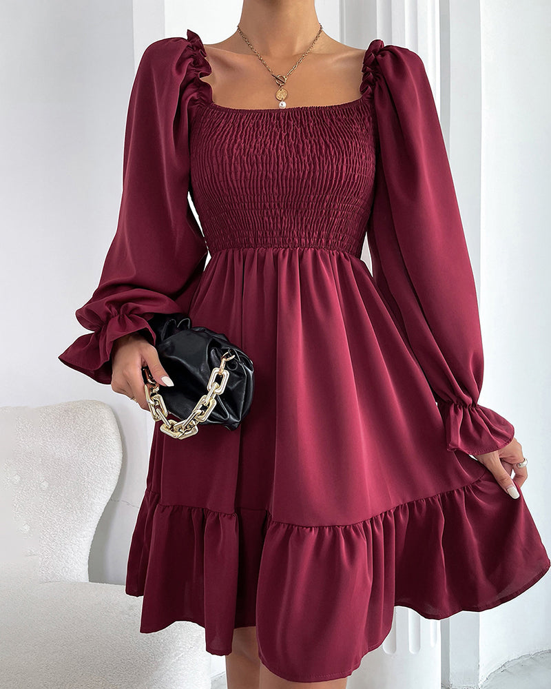 Square Neck Long Sleeve Shirred Ruffle Hem Dresses High Waist A Line Knee Length Elegant Mini Dress