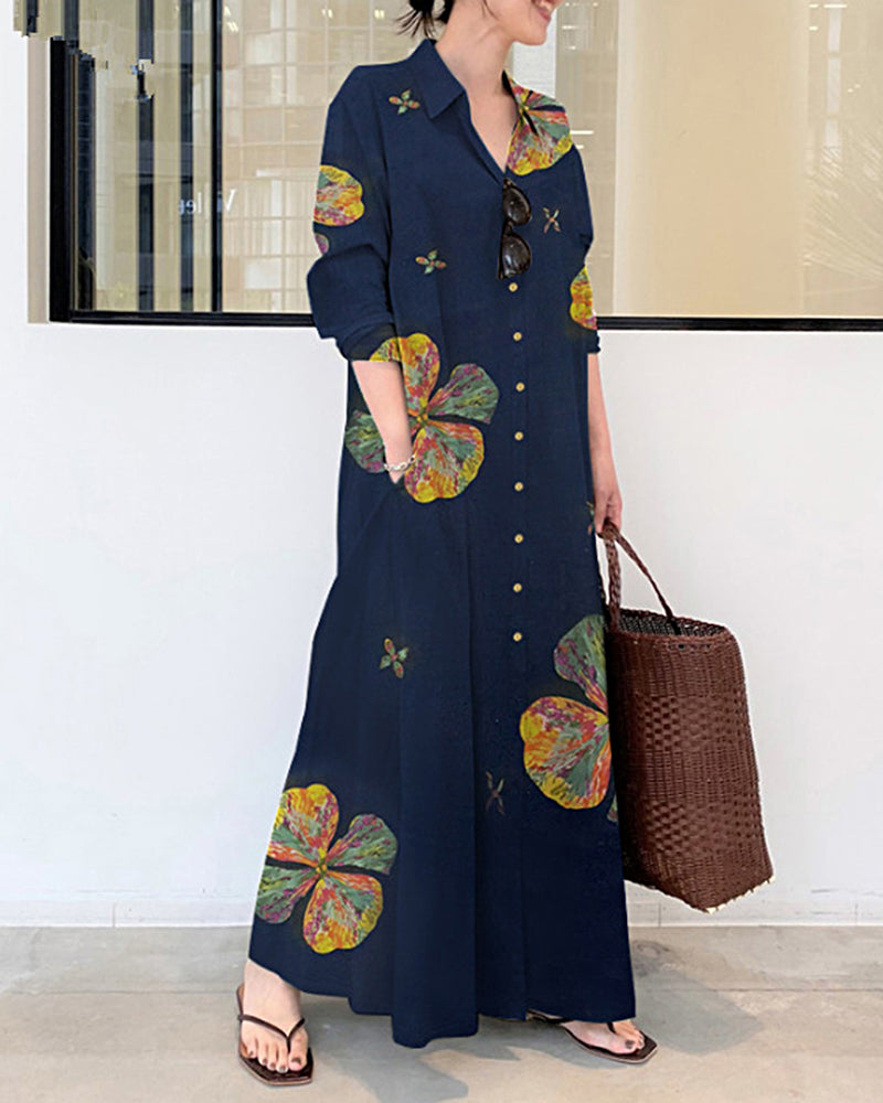 Lapel Long Sleeve Long Shirt Dress butterfly Printed Loose Plus Size Maxi Dresses