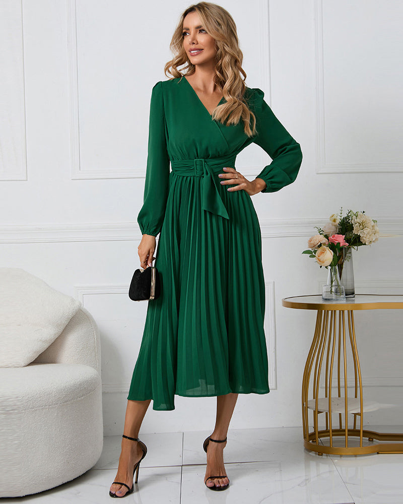 Elegant Wrap V Neck Lantern Sleeve Bulted Pleated Flowy Midi Dress