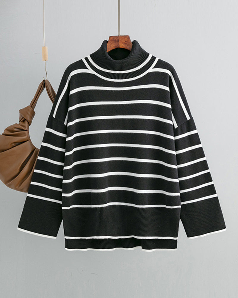 Striped Sweater Casual Turtleneck Knit Pullover Jumper Tops