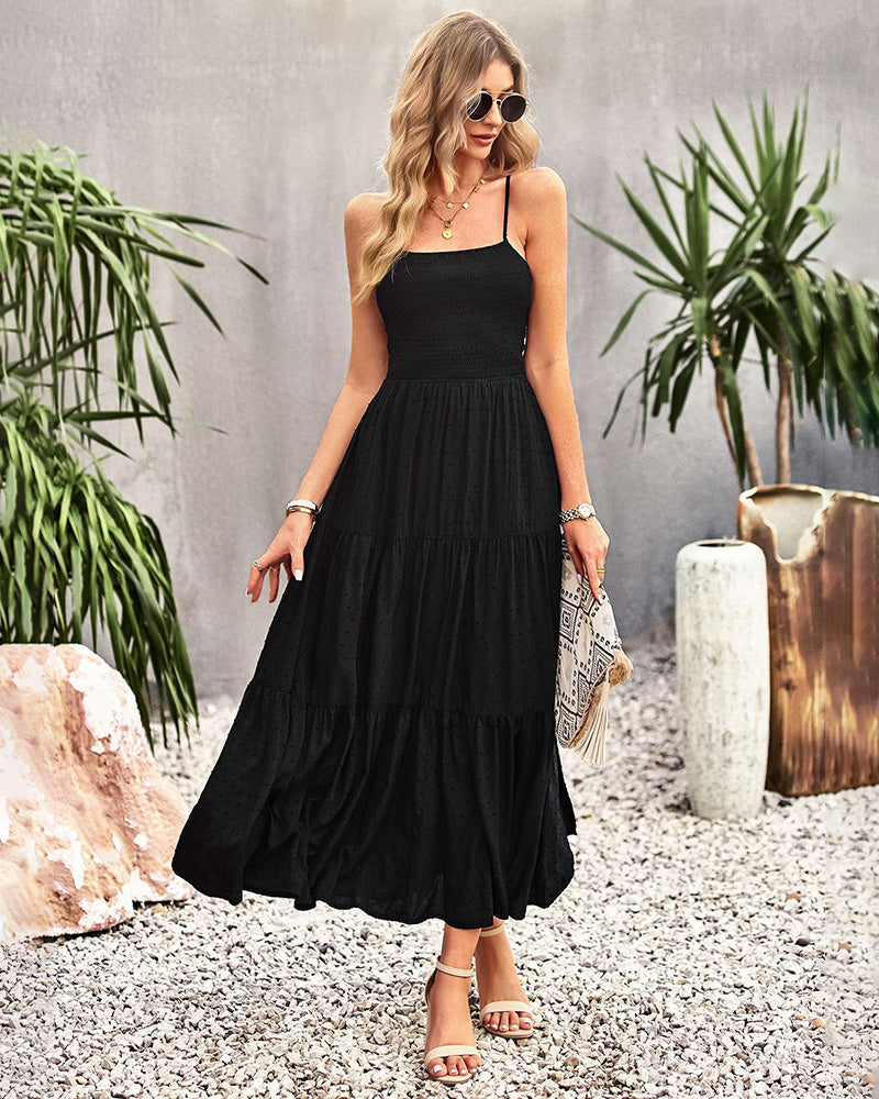 Sleeveless Lace-up Backless Smocked Tiered Maxi Dress Boho Long Beach Sundresses