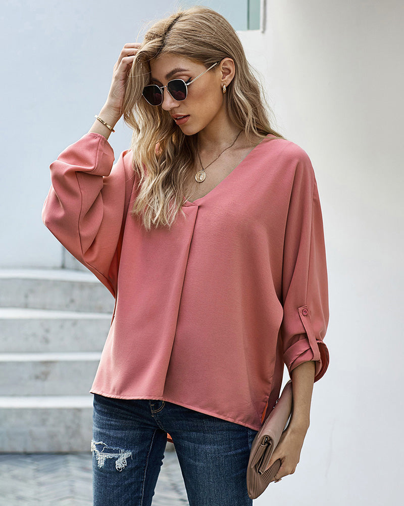 V-Neck Long Sleeve Buckle T-Shirt Plain Shirts Shirt Top Elegant Shirts Casual Slim Fit Basic