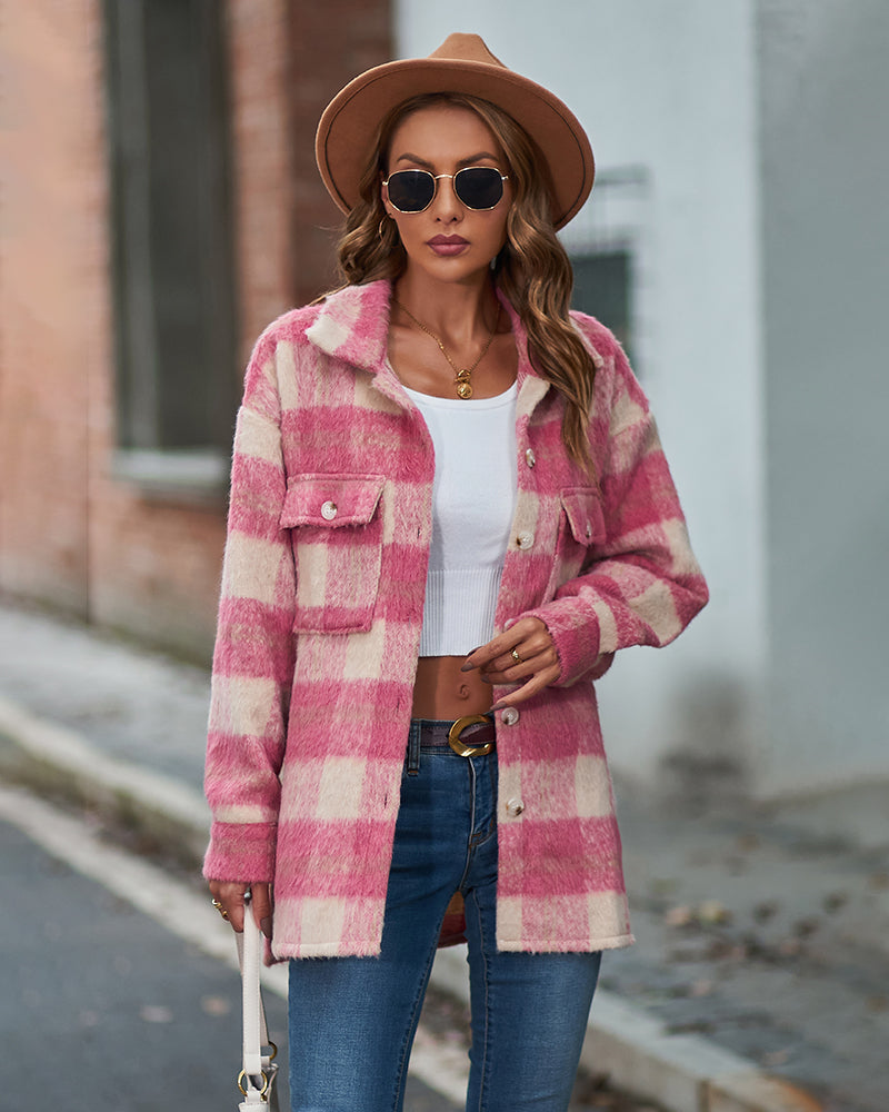 Plaid Fuzzy Longline Jacket with Pockets