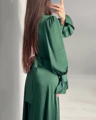 Long Sleeve Belted Puff Sleeve Green Elegant Dress