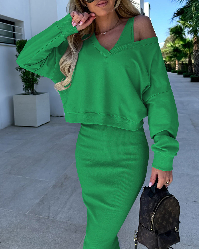 Elegant Two-piece Set Sexy V-neck Off-shoulder Sweatshirt & Sleeveless Knitted Dress Skirt