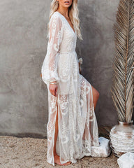 Floral Embroidery Lace Long Dress Deep V Neck Long Sleeve See Through Slit Elegant Holiday Dress