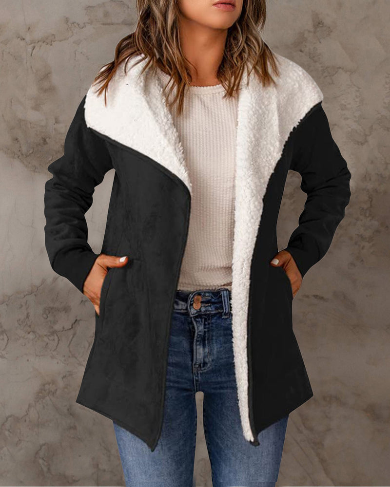 Fleece Long Sleeve Warm Teddy Coat Lapel Cardigan With Pocket