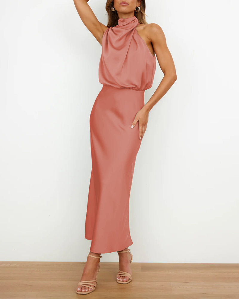 Long Formal Satin Dress Mock Neck High Neck Evening Dress