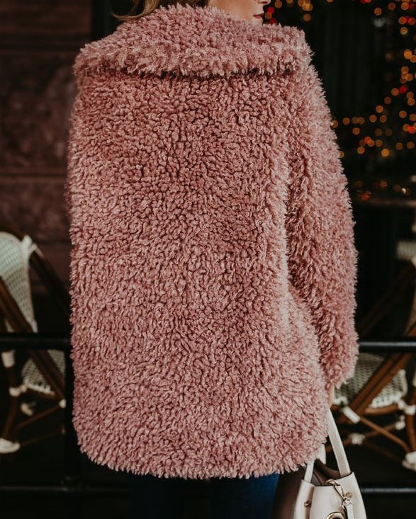 Pink Teddy Bear Coat Winter Warm Loose Oversized  Fleece Jacket Pockets Faux Fur Coat