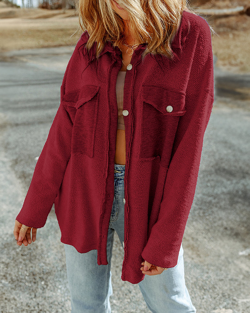 Solid Color Long Sleeve Jacket Casual Pocket Knitted Outerwears