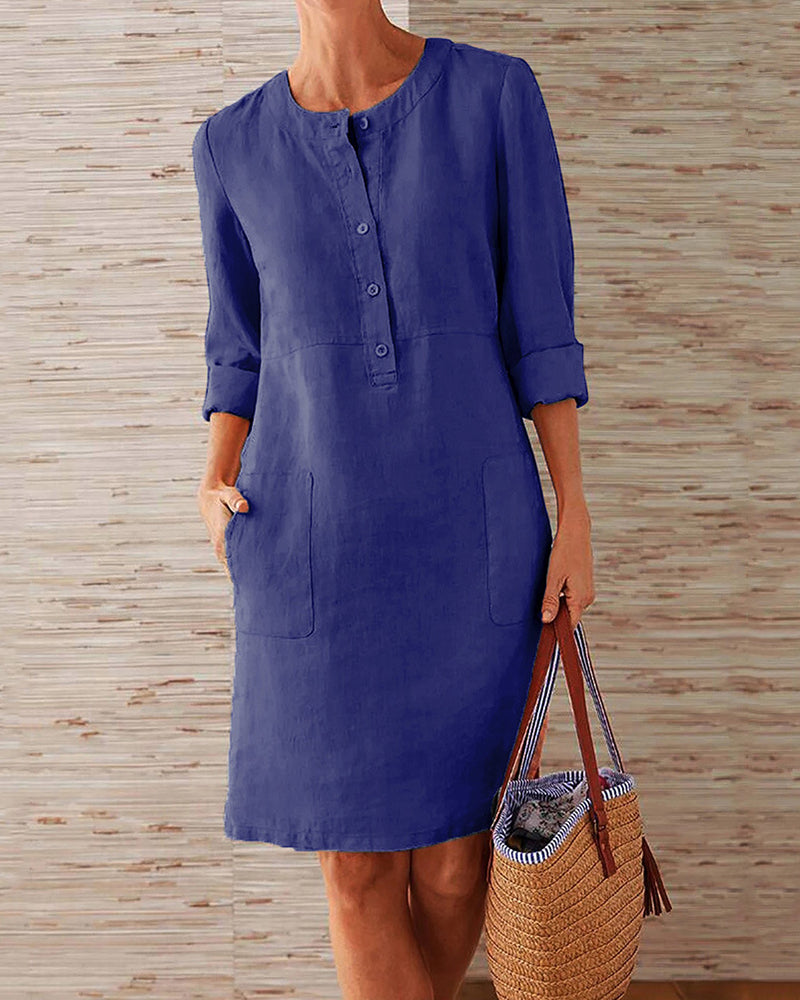 Solid Color Pockets Round Neck Long Sleeve Buttons Dress