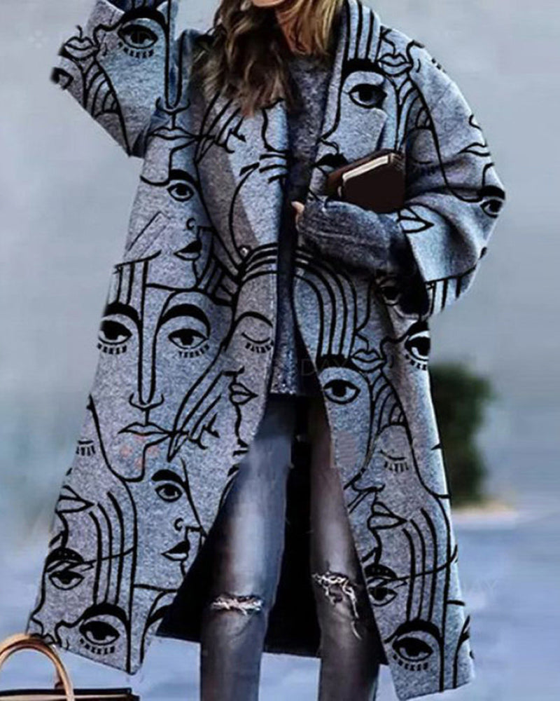 Casual Long Sleeve Lapel Printed Notched Collar Warm Midi Jacket Overcoat