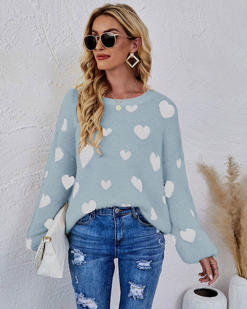 Love Pattern Round Neck Knit Sweater