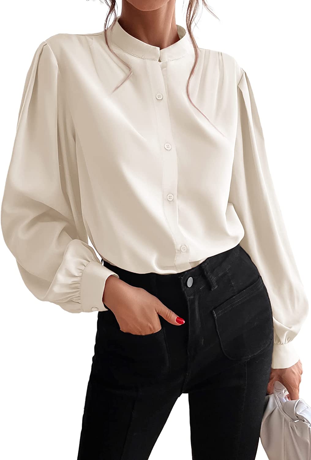 Women's Silk Button Down Shirts V Neck Long Sleeve Casual Work Office Blouse Top - Zeagoo (Us Only)