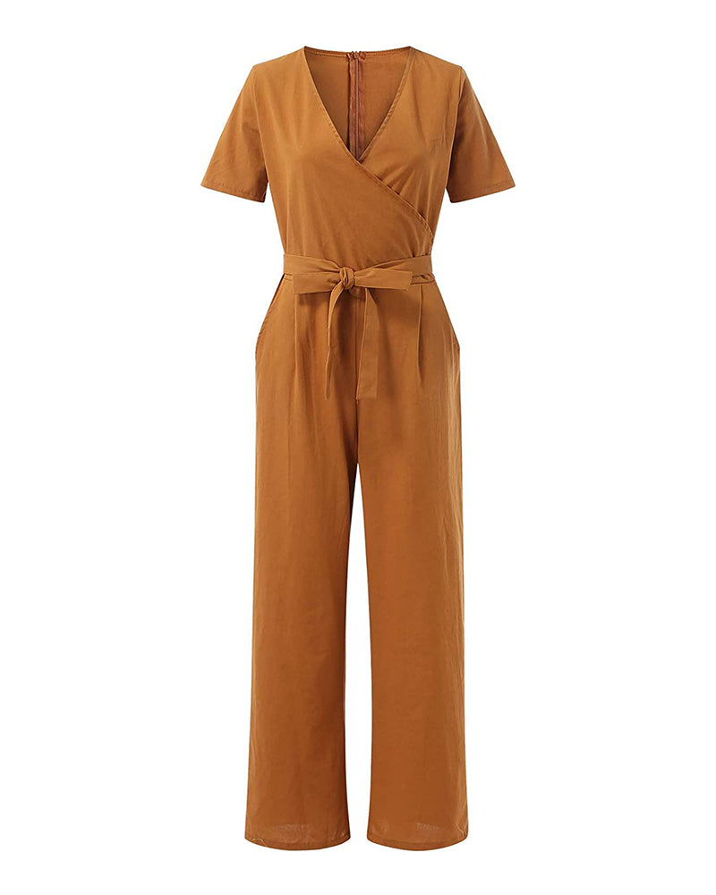 Short Sleeve Solid Color V Neck Soft Romper Jumpsuit with Belt