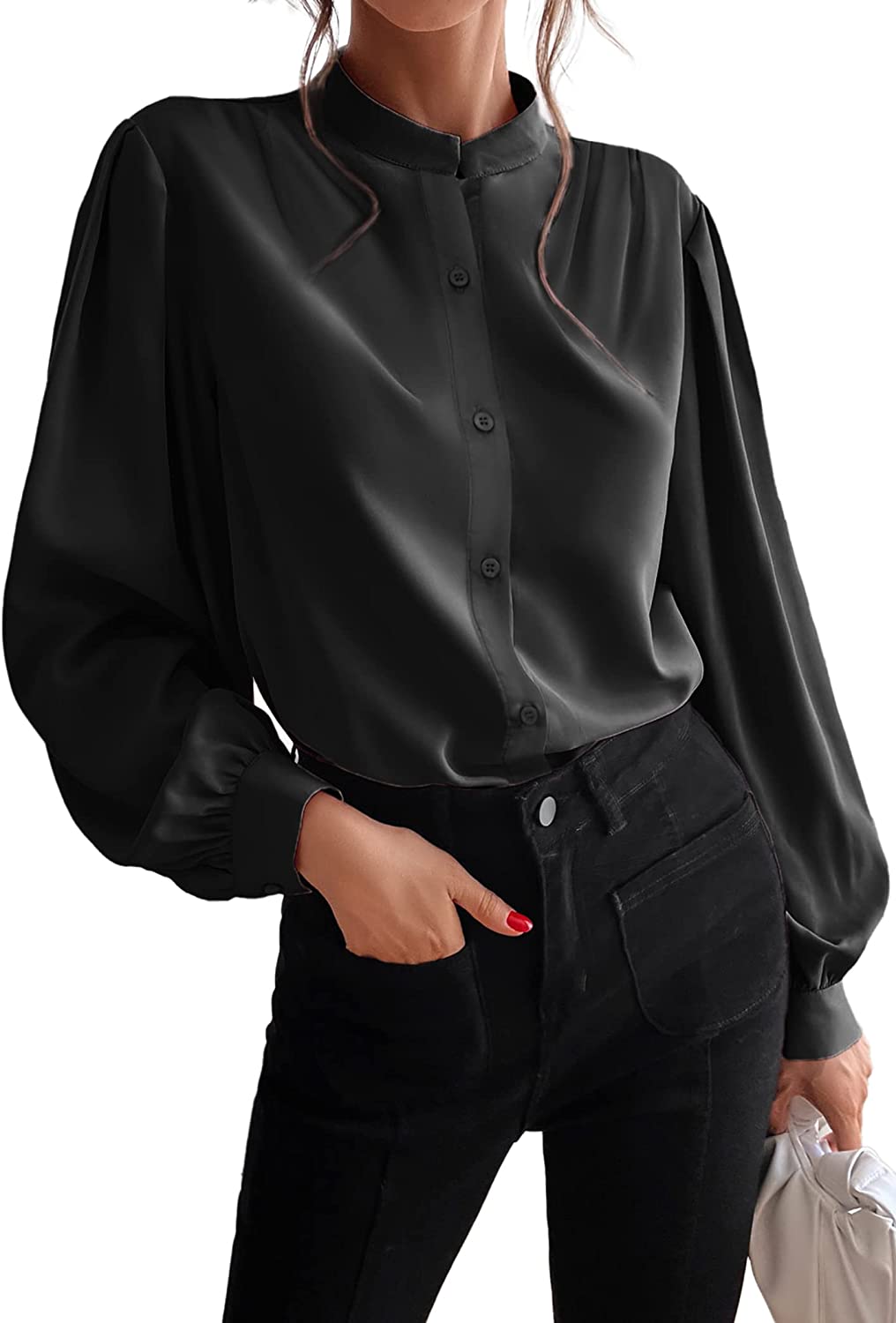 Women's Silk Button Down Shirts V Neck Long Sleeve Casual Work Office Blouse Top - Zeagoo (Us Only)