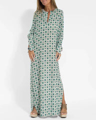 Boho Geometric Figure V Neck Long Sleeve Split-Side Long Dresses