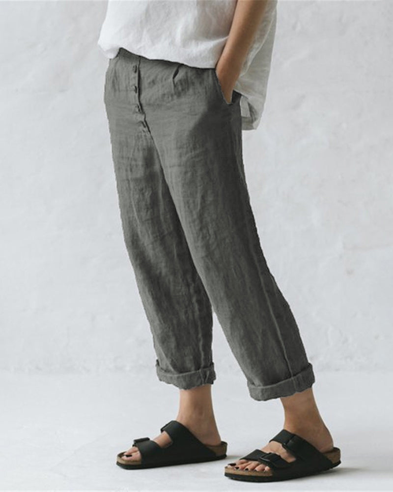 Button Loose Solid Leg Pants