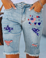 Independence Day American Flag Destroyed Raw Hem Shorts Jeans