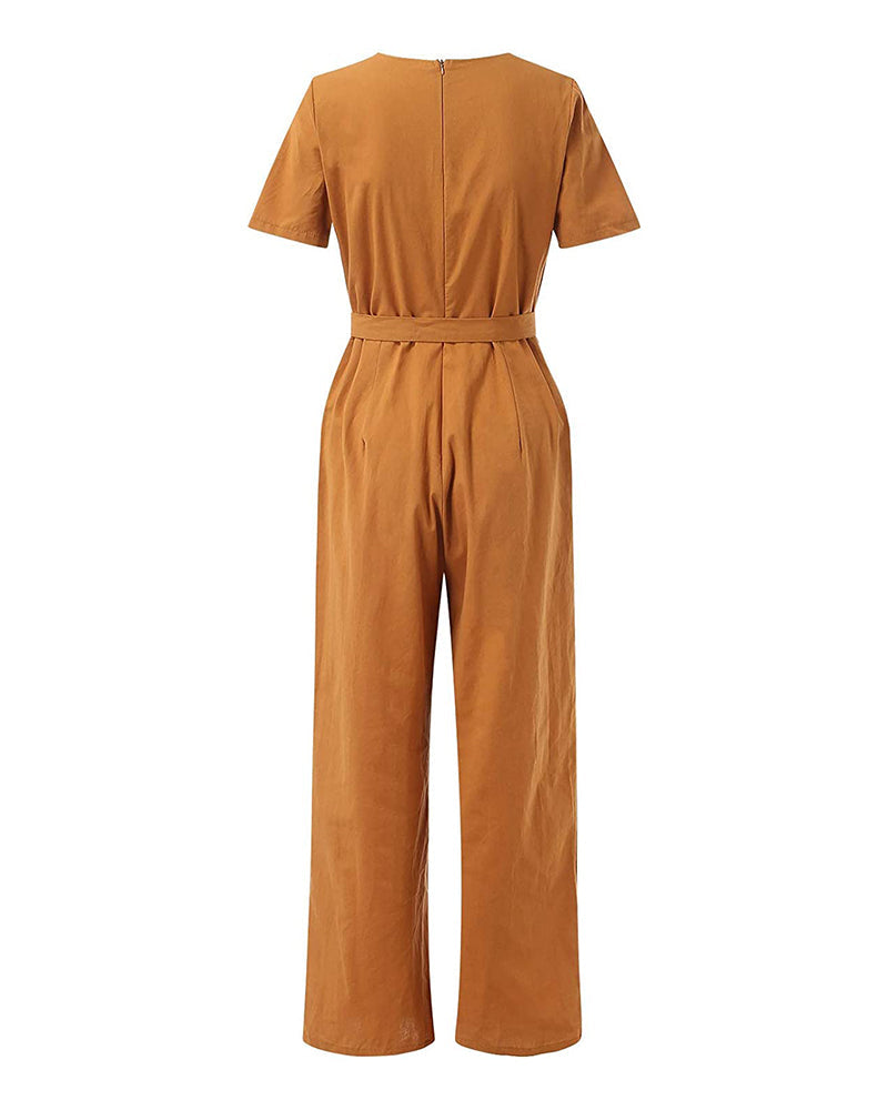Short Sleeve Solid Color V Neck Soft Romper Jumpsuit with Belt