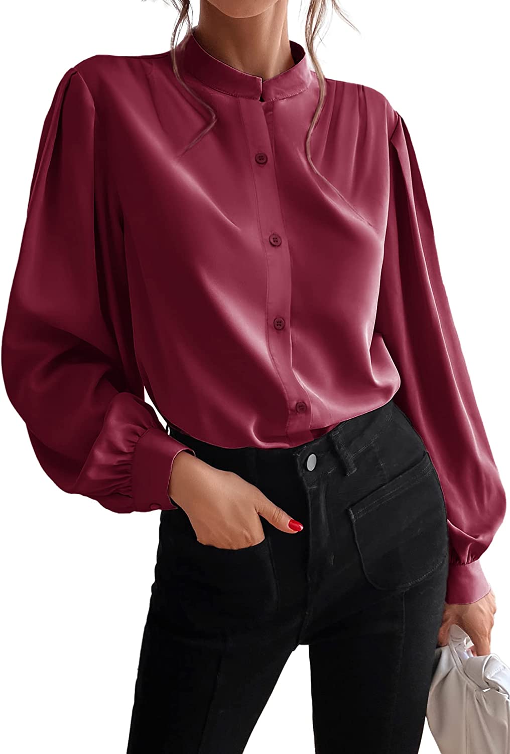 Women's Silk Button Down Shirts V Neck Long Sleeve Casual Work Office Blouse Top - Zeagoo (Us Only)