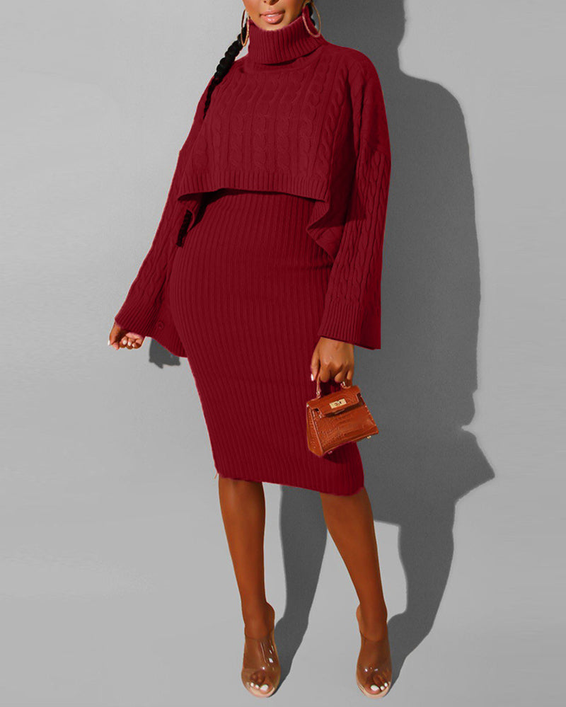 Women's Rib knit Sweater Skirt Two Piece Set Outifts Long Sleeve Turtleneck Sweaters and Tank Midi Dresses