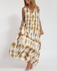 Casual Sleeveless Dress Loose V Neck Tie-dye Beach Maxi Long Dress