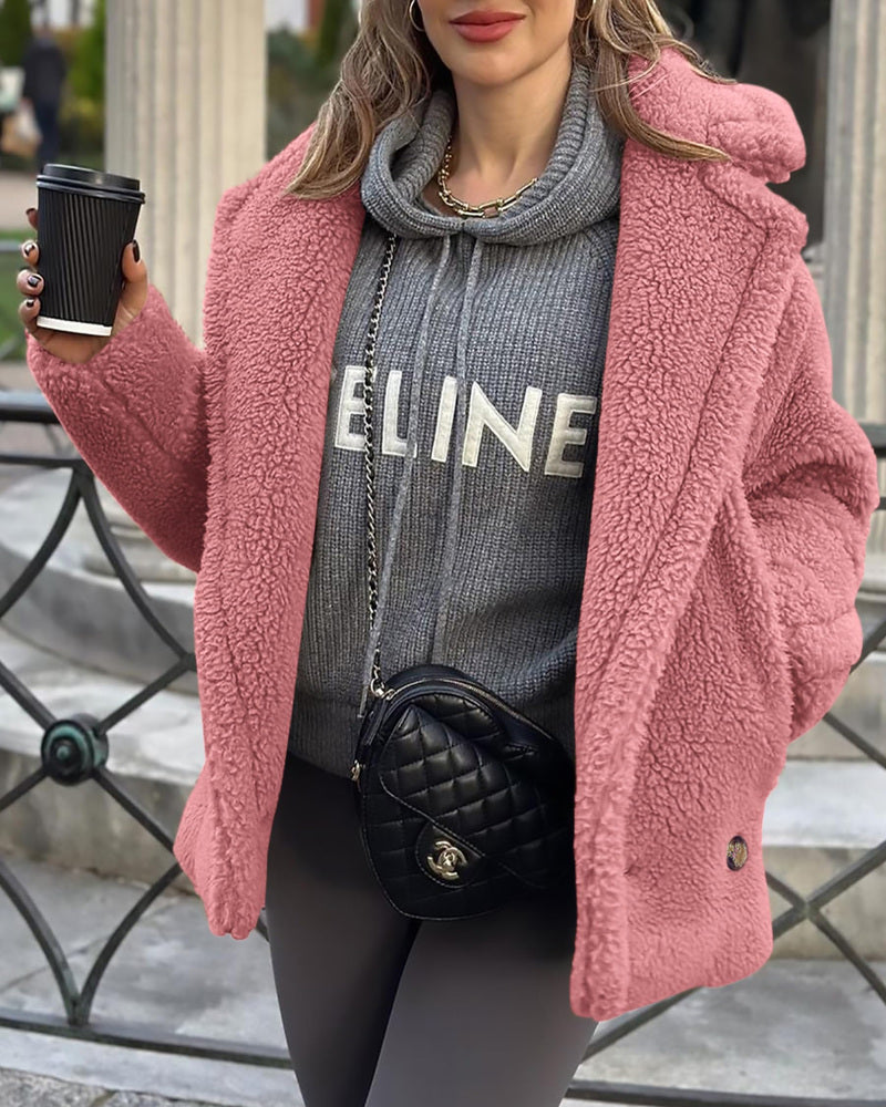 Lapel Fleece Jacket Long Sleeve Pockets Faux Fur Dressy Fall Outfits