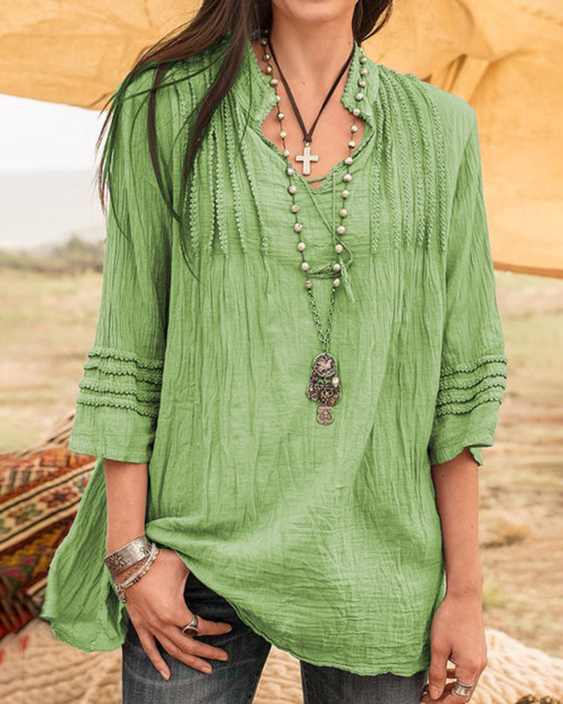 Solid V-Neck Tees Lace Splicing Fold Blouse Flowy Casual Loose Fit Shirt