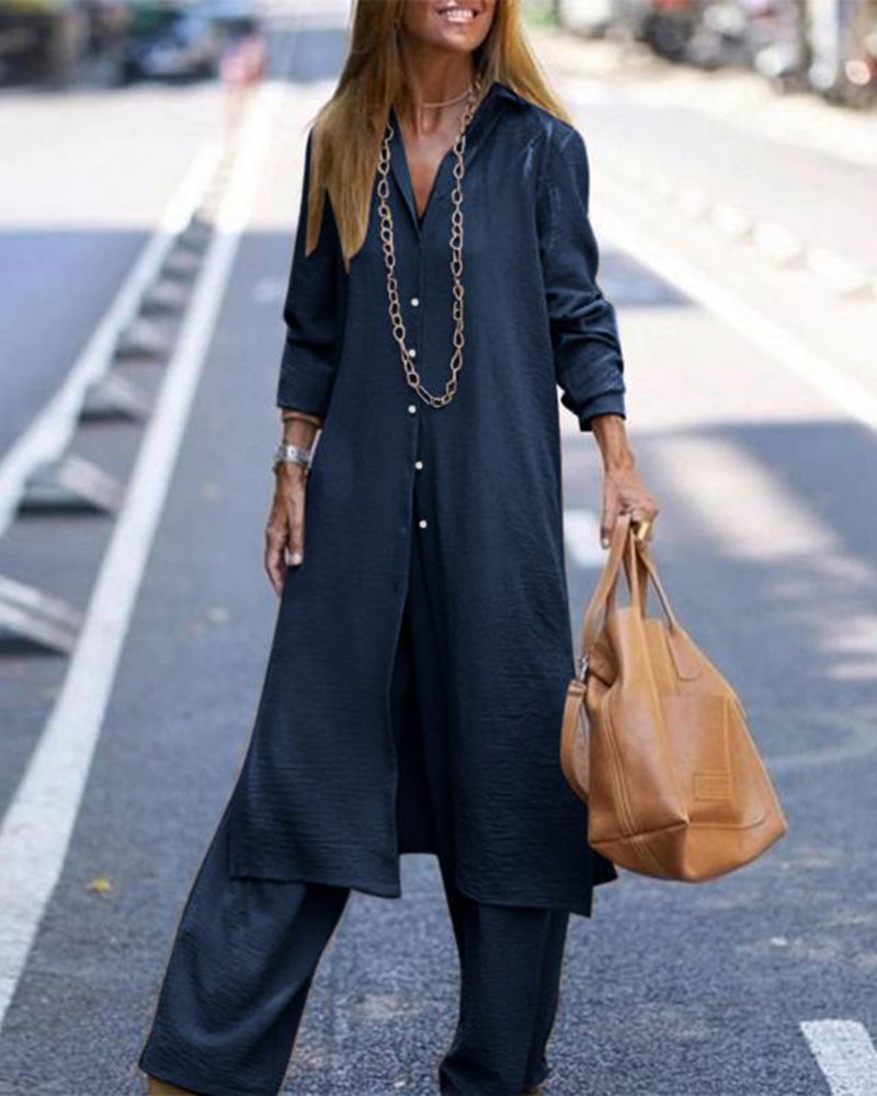 Casual Long Sleeve Shirt and Wide Leg Pants Set