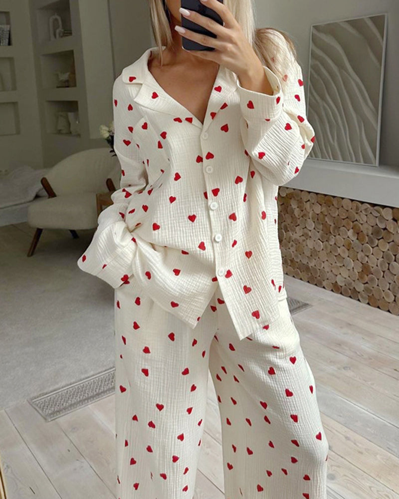 Casual Heart-print Long Sleeve Soft Pajama Set