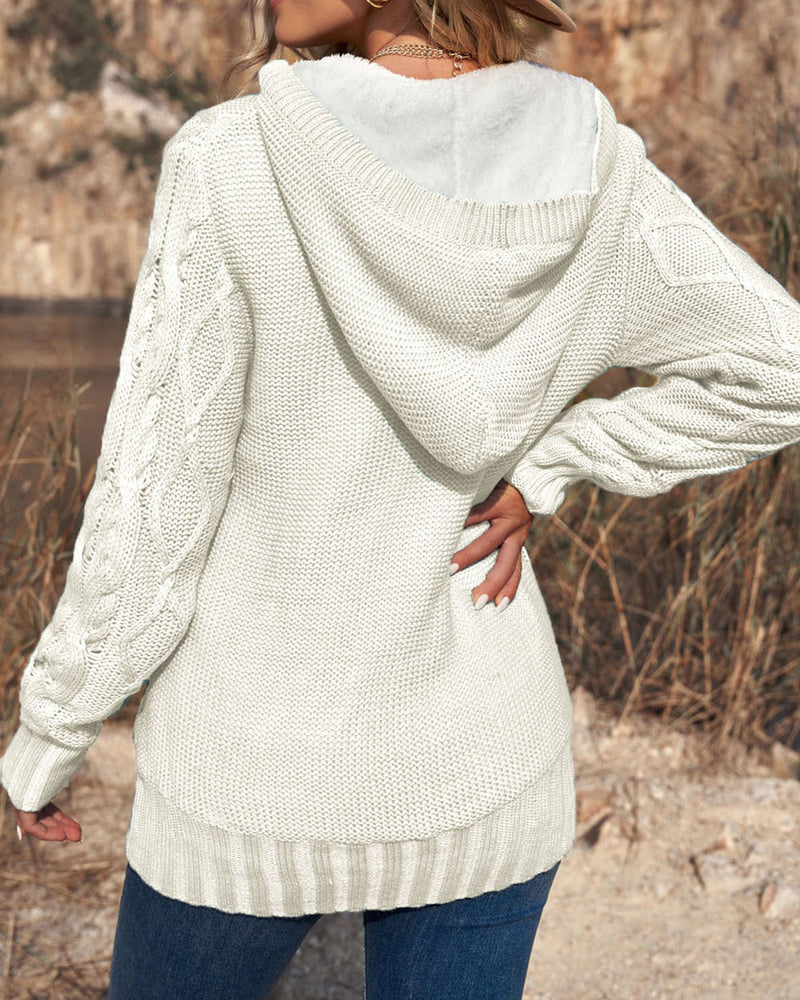Casual Loose Fitting Fluffy Button Down Knitwear Coatigan Chunky Cable Hooded Cardigan