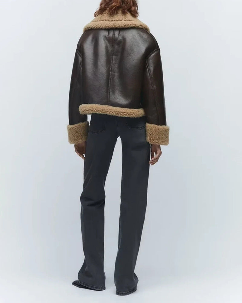 Insulated Faux Leather Jacket with Lapel Collar and Fur Sleeves