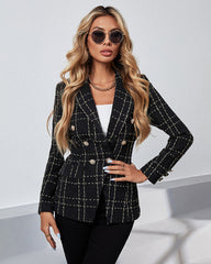 Lapel Single Button Tweed Plaid Blazer Long Sleeve Office Blazer