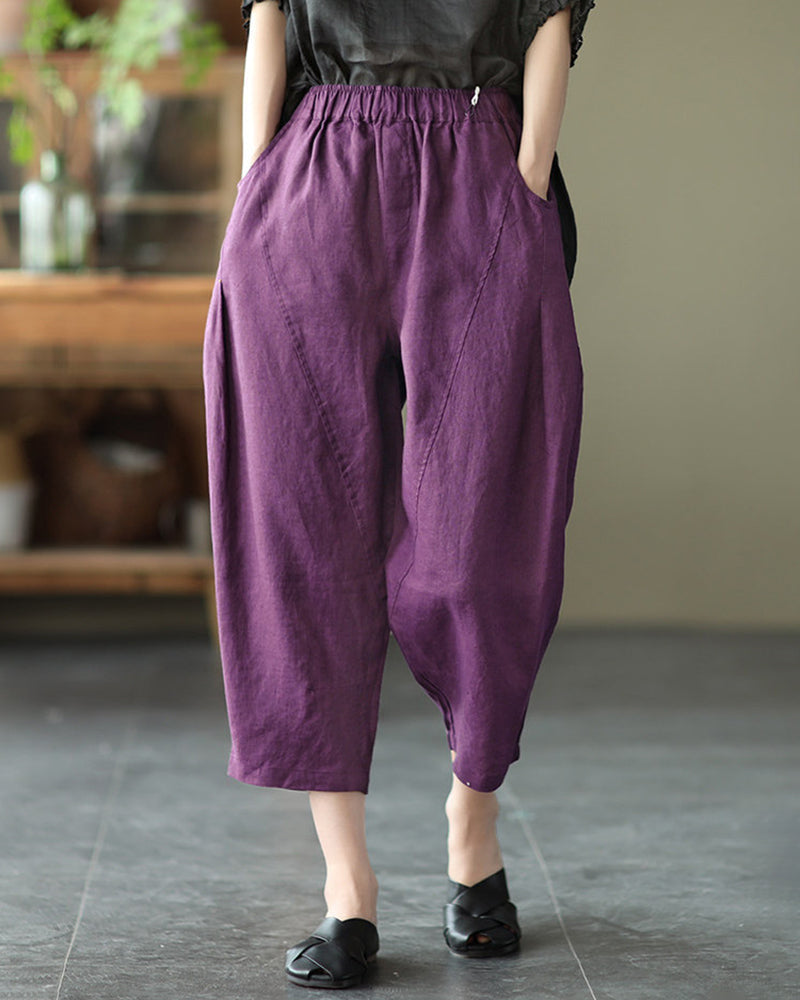 Loose Stitching Solid Color Elastic Waist Cropped Harem Pants