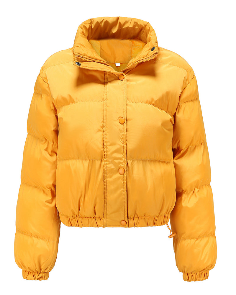 Short Puffer Jacket Stands Up Button Zipper Outerwear