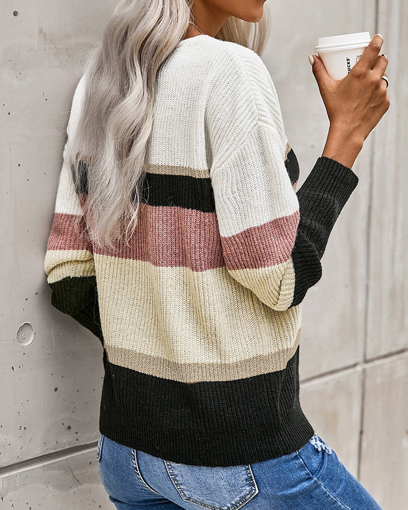 Striped Color Contrast Long Sleeve V-Neck Knit Sweater