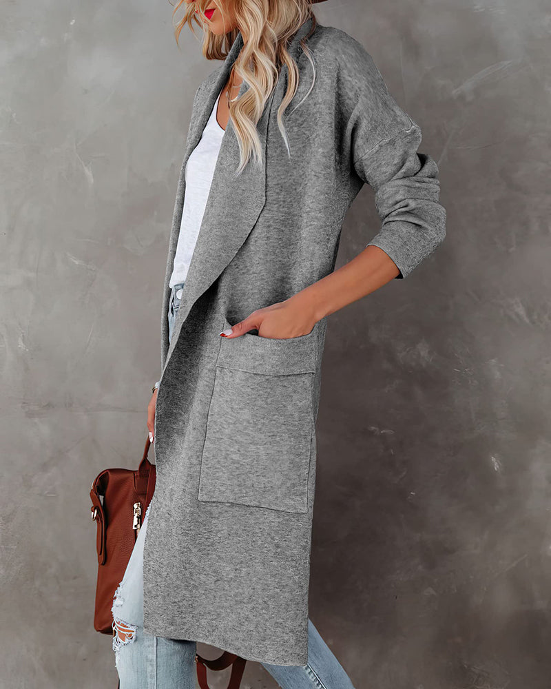 Casual Long Sleeve Draped Open Front Knit Pockets Long Cardigan Jackets Sweater