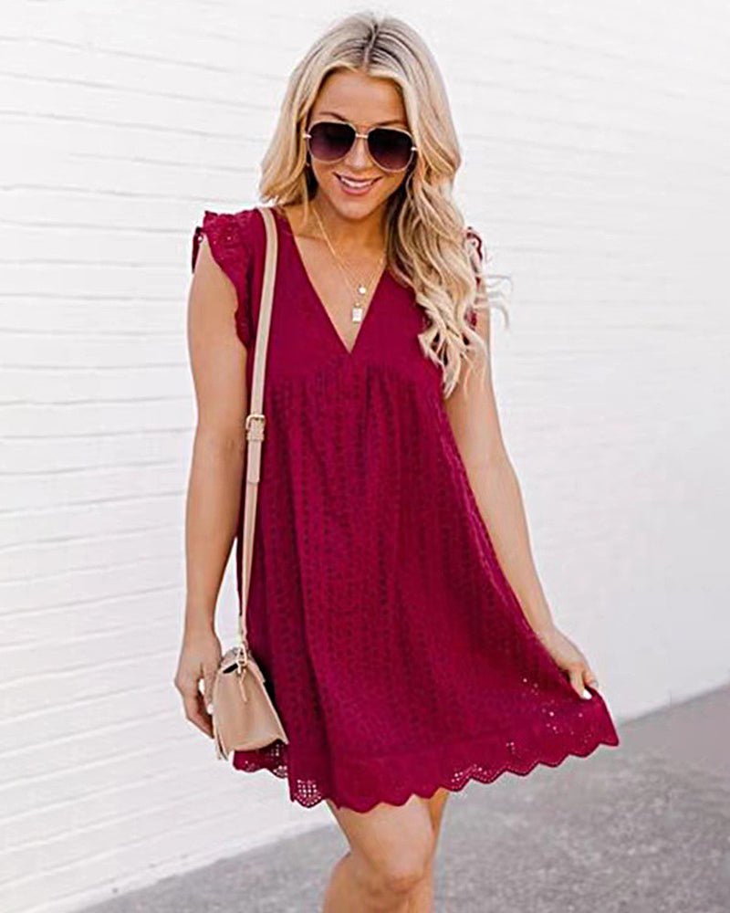 Sleeveless V Neck Lace Dresses with Pockets Loose Fit Flowy Pleated Swing Dress