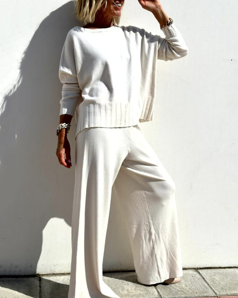 Elegant Two-piece Set Round Neck Sweater and Wide Leg Pant Outfits